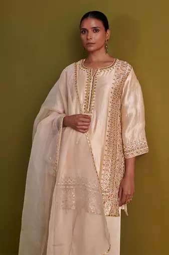 Beige kora silk kurti with bamberg satin pallazo and organza dupatta
