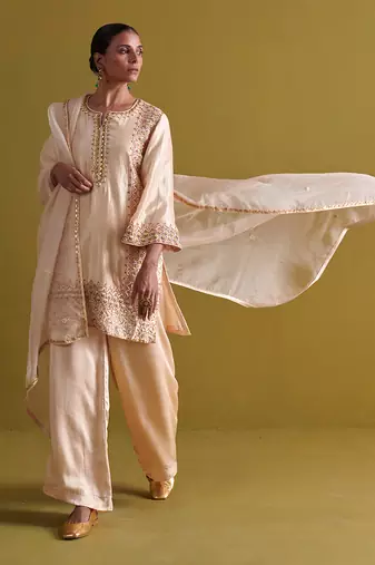 Beige kora silk kurti with bamberg satin pallazo and organza dupatta