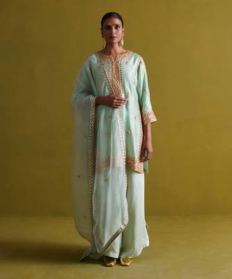 Light sage green kora silk kurti with bamberg satin pallazo and organza dupatta 1