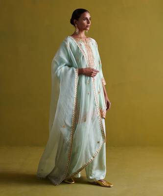 Light sage green kora silk kurti with bamberg satin pallazo and organza dupatta 2