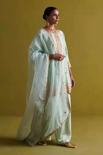 Light sage green kora silk kurti with bamberg satin pallazo and organza dupatta