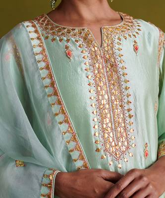 Light sage green kora silk kurti with bamberg satin pallazo and organza dupatta 3