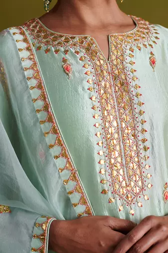 Light sage green kora silk kurti with bamberg satin pallazo and organza dupatta
