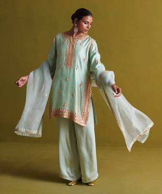 Light sage green kora silk kurti with bamberg satin pallazo and organza dupatta 4
