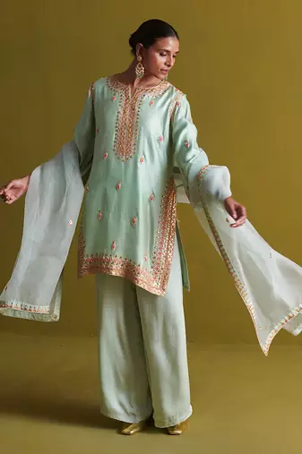 Light sage green kora silk kurti with bamberg satin pallazo and organza dupatta
