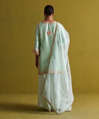 Light sage green kora silk kurti with bamberg satin pallazo and organza dupatta 5