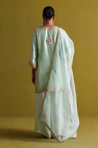 Light sage green kora silk kurti with bamberg satin pallazo and organza dupatta