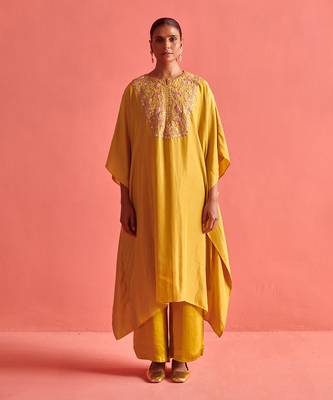Mustard yellow pure silk kaftan and bemberge satin pant 1