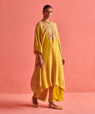 Mustard yellow pure silk kaftan and bemberge satin pant 2