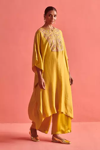 Mustard yellow pure silk kaftan and bemberge satin pant