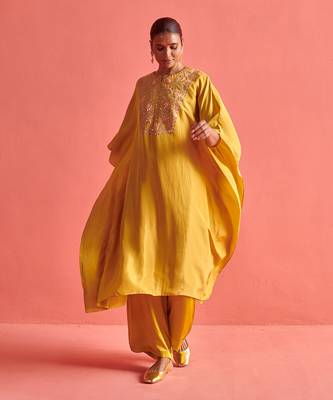 Mustard yellow pure silk kaftan and bemberge satin pant 3