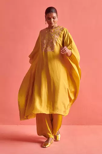 Mustard yellow pure silk kaftan and bemberge satin pant