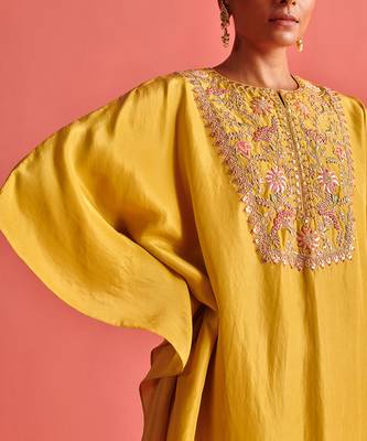 Mustard yellow pure silk kaftan and bemberge satin pant 4