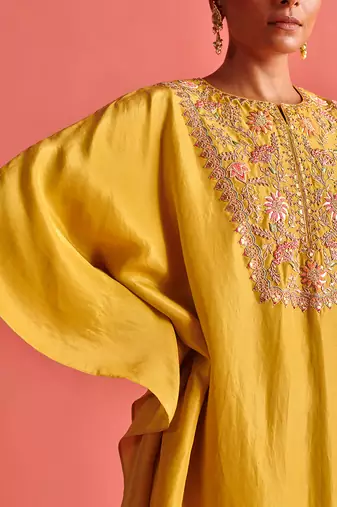 Mustard yellow pure silk kaftan and bemberge satin pant
