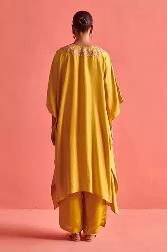 Mustard yellow pure silk kaftan and bemberge satin pant