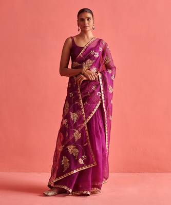 Magenta hand embrodiered saree with mashru silk blouse 1
