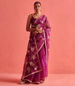 Magenta hand embrodiered saree with mashru silk blouse