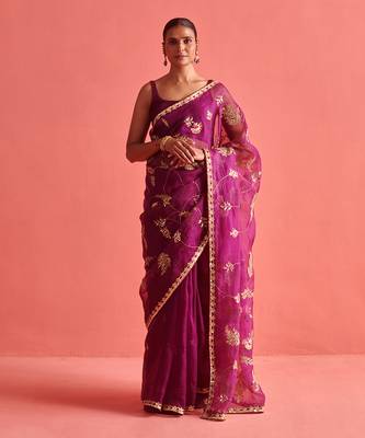 Magenta hand embrodiered saree with mashru silk blouse 2