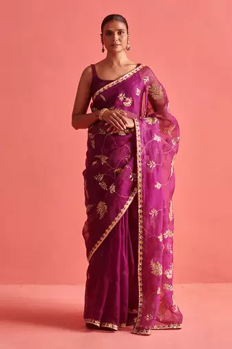 Magenta hand embrodiered saree with mashru silk blouse