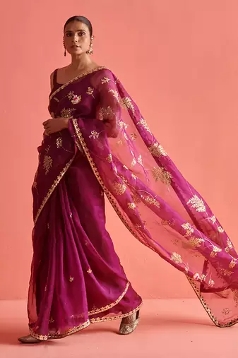 Magenta hand embrodiered saree with mashru silk blouse