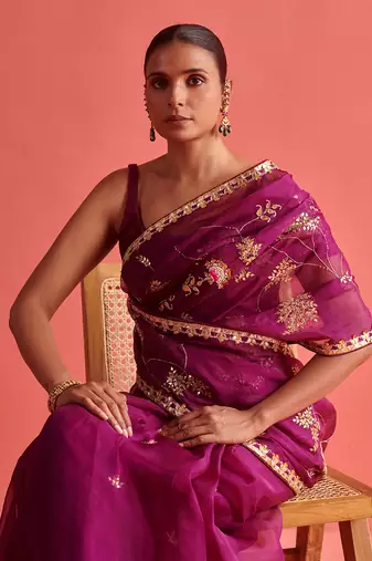 Magenta hand embrodiered saree with mashru silk blouse