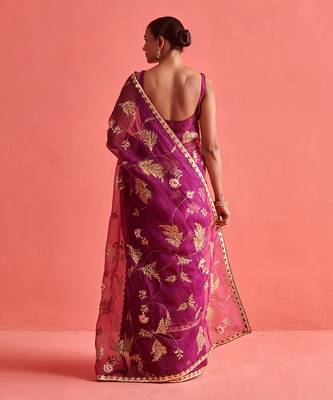 Magenta hand embrodiered saree with mashru silk blouse 5