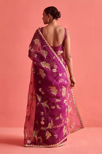 Magenta hand embrodiered saree with mashru silk blouse