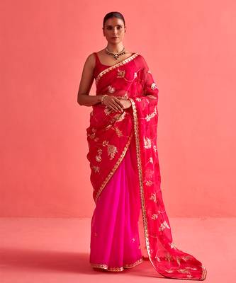 Red and pink hand embrodiered saree with mashru silk blouse 1