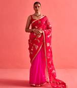 Red and pink hand embrodiered saree with mashru silk blouse