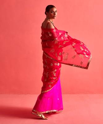 Red and pink hand embrodiered saree with mashru silk blouse 2
