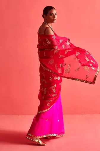 Red and pink hand embrodiered saree with mashru silk blouse