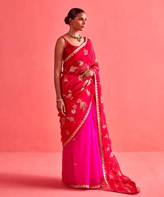 Red and pink hand embrodiered saree with mashru silk blouse 3
