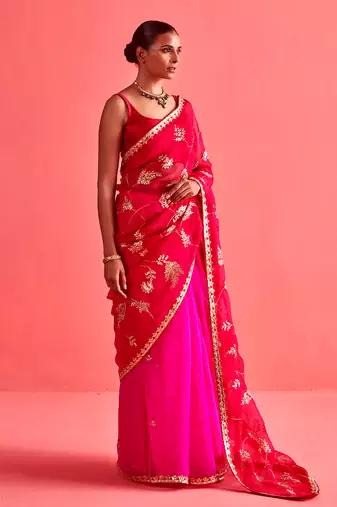 Red and pink hand embrodiered saree with mashru silk blouse