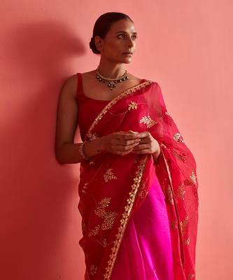 Red and pink hand embrodiered saree with mashru silk blouse 4
