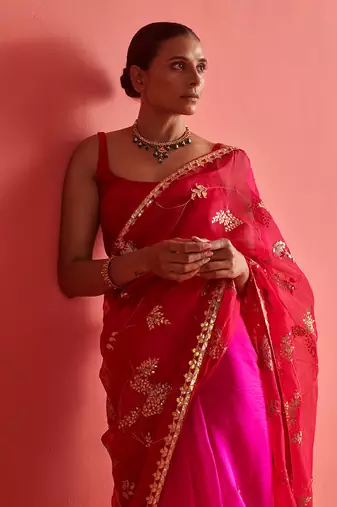 Red and pink hand embrodiered saree with mashru silk blouse