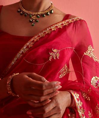 Red and pink hand embrodiered saree with mashru silk blouse 5