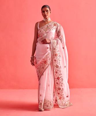 Powdered pink hand embrodiered saree with mashru silk blouse 1