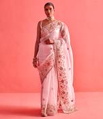 Powdered pink hand embrodiered saree with mashru silk blouse