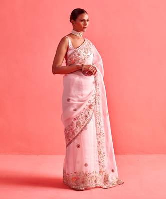 Powdered pink hand embrodiered saree with mashru silk blouse 2
