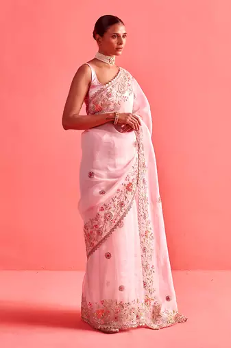 Powdered pink hand embrodiered saree with mashru silk blouse