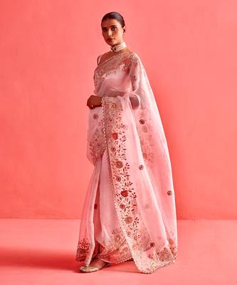 Powdered pink hand embrodiered saree with mashru silk blouse 3