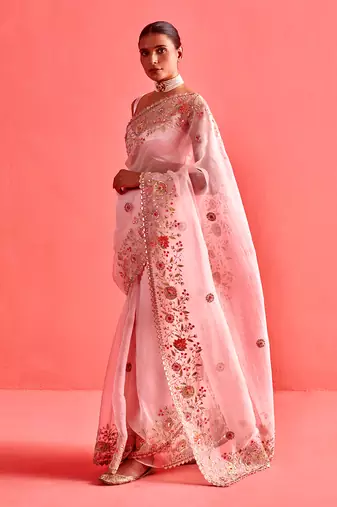 Powdered pink hand embrodiered saree with mashru silk blouse