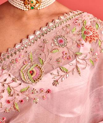 Powdered pink hand embrodiered saree with mashru silk blouse 4