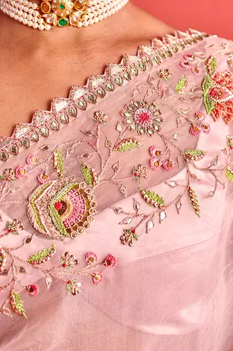 Powdered pink hand embrodiered saree with mashru silk blouse