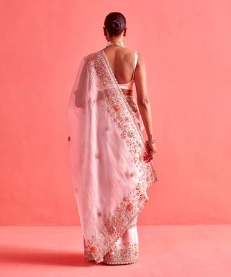 Powdered pink hand embrodiered saree with mashru silk blouse 5
