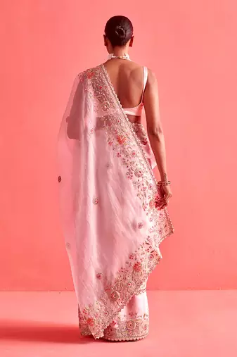 Powdered pink hand embrodiered saree with mashru silk blouse