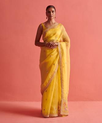 Yellow hand embrodiered saree with mashru silk blouse 1
