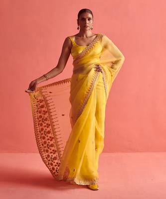 Yellow hand embrodiered saree with mashru silk blouse 2