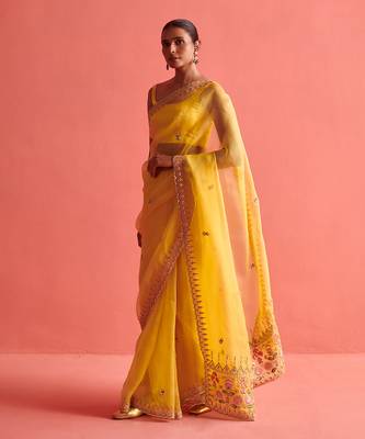 Yellow hand embrodiered saree with mashru silk blouse 3