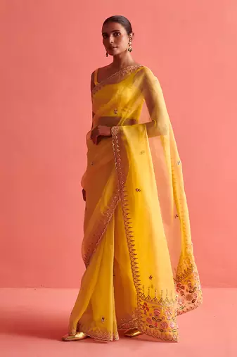 Yellow hand embrodiered saree with mashru silk blouse